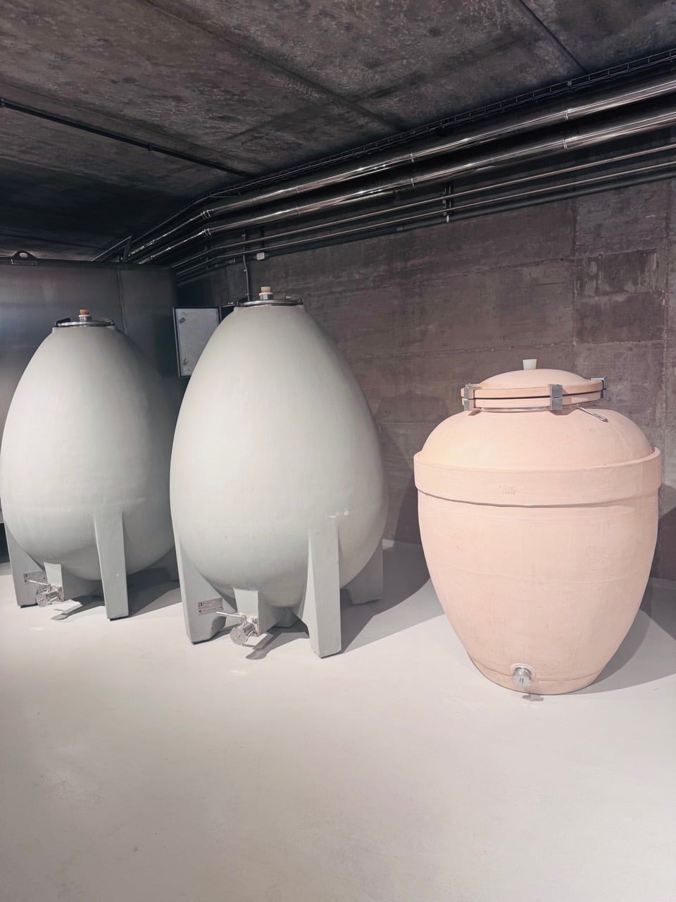 Egg-shaped and terracotta wine vessels inside the underground facility