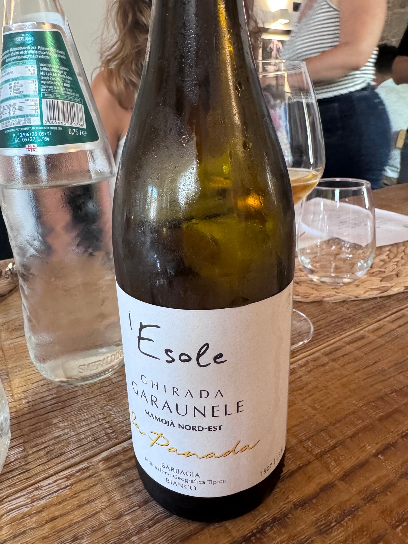 A chilled bottle of Esole Sa Panada white wine on the lunch table