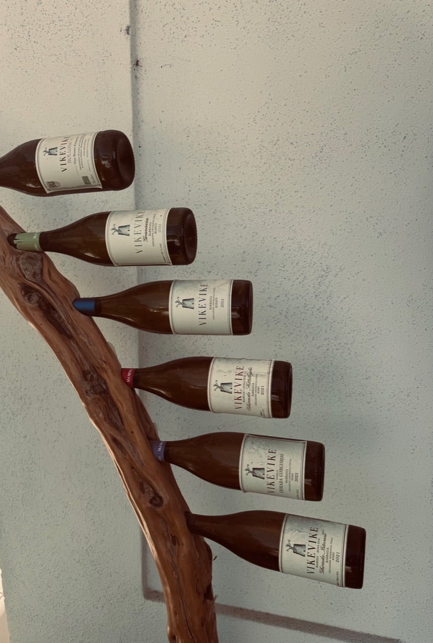 Vike Vike bottles displayed along a sculptural wooden branch